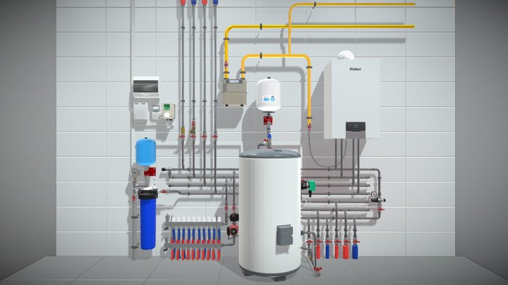 Interactive 3D model of a full boiler room — drag to rotate and zoom